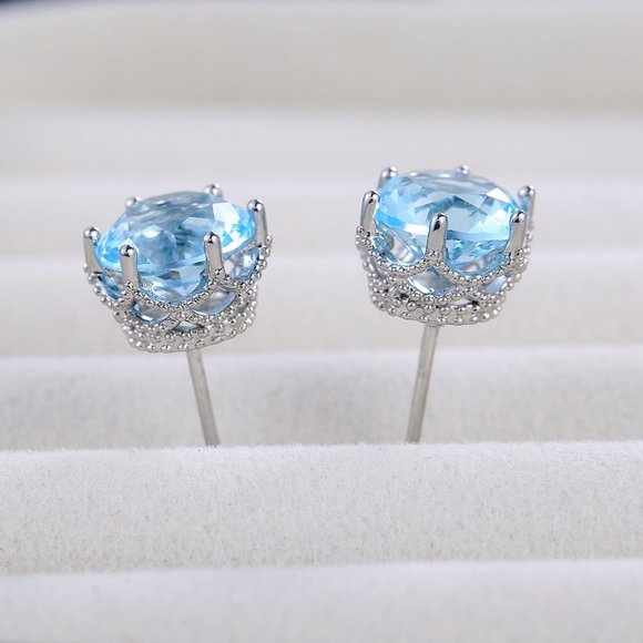 NEW 4CT Silver Round Aquamarine Stud Earrings - Picture 6 of 6